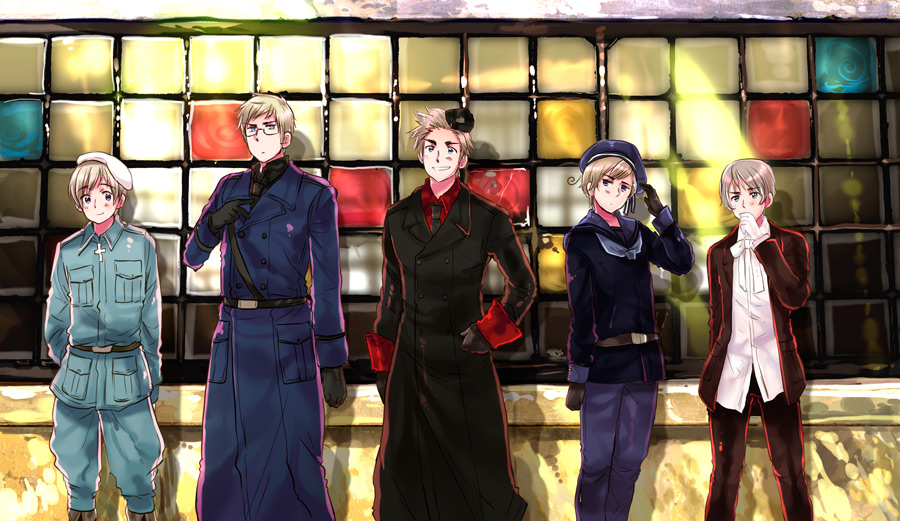 himaruya hidekazu, denmark (hetalia), finland (hetalia), iceland (hetalia), norway (hetalia), sweden (hetalia), axis powers hetalia, 00s, 5boys, ahoge, beret, blonde hair, blue eyes, garrison cap, glasses, gloves, hat, male focus, military, military uniform, multiple boys, sailor, sailor hat