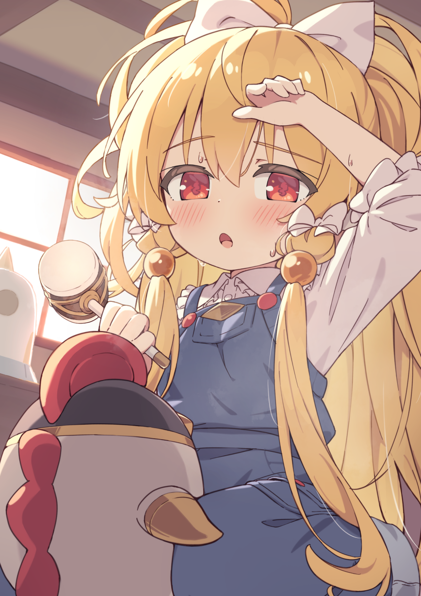 hiyaya (kochi michikaze), mahira (granblue fantasy), granblue fantasy, commentary request, commission, highres, skeb commission, 1girl, :o, arm up, blonde hair, blue overalls, blush, bow, collared shirt, hair bow, hammer, holding, holding hammer, long hair, long sleeves, open mouth, overalls, red eyes, shirt, sitting, solo, sweat, white bow, white shirt