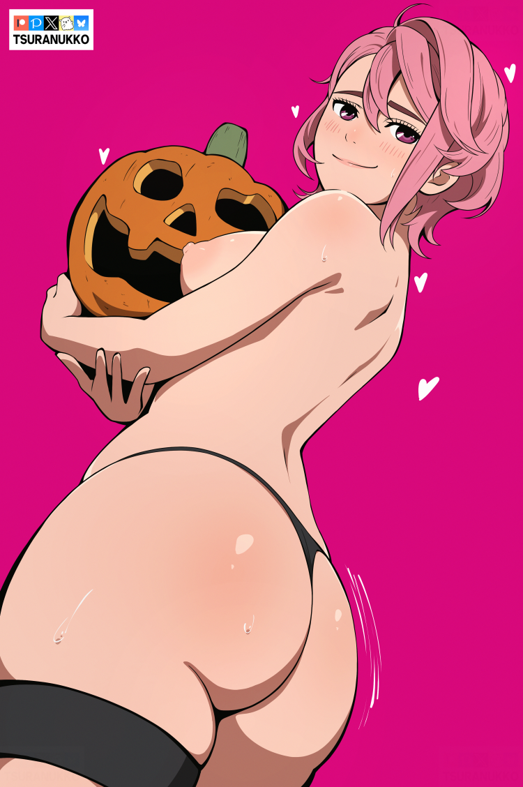 tsuranukko, shiratori aira (dandadan), dandadan, commentary, 1girl, artist name, ass, bluesky logo, blush, breasts, fanbox logo, halloween, heart, holding, holding pumpkin, jack-o'-lantern, medium breasts, nipples, patreon logo, pink eyes, pink hair, pixiv logo, pumpkin, short hair, solo, topless female