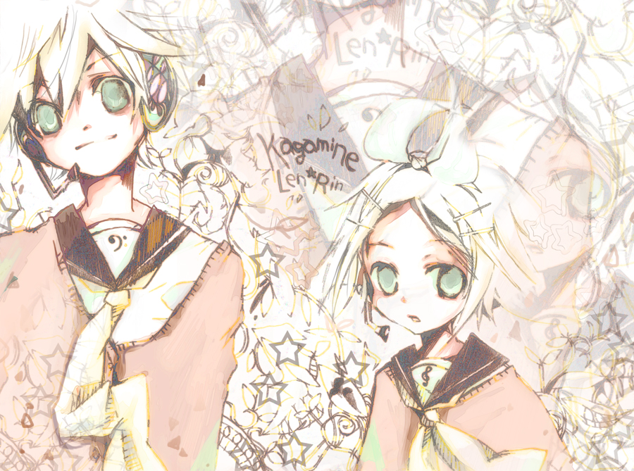 aogiri, kagamine len, kagamine rin, vocaloid, bad id, bad pixiv id, 1boy, 1girl, blonde hair, blush, brother and sister, hair ornament, hair ribbon, hairclip, headphones, necktie, ribbon, short hair, siblings, twins