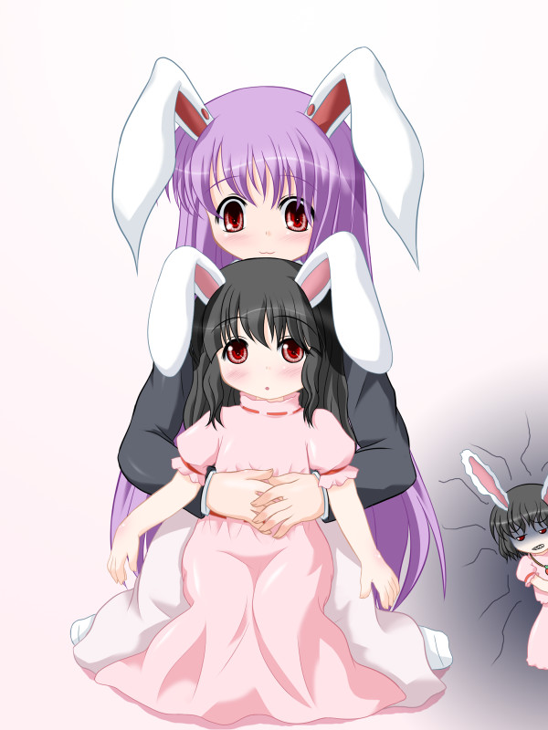 riku (rikkuru), inaba tewi, reisen udongein inaba, touhou, 3girls, animal ears, aura, black hair, dark aura, female focus, jealous, long hair, multiple girls, purple hair, rabbit ears, red eyes, short hair