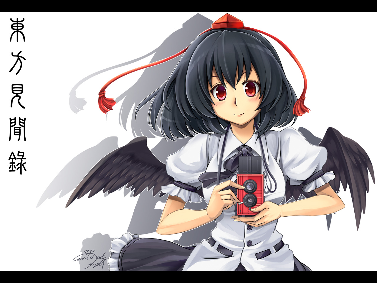windart, shameimaru aya, touhou, 1girl, black hair, black wings, camera, female focus, hat, red eyes, short hair, solo, standing, tokin hat, twin-lens reflex camera, white background, wings