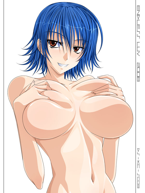 hiviki n'alchemy, tagme, blue hair, breast suppress, breasts, breasts squeezed together, covering breasts, covering privates, hand bra, hands on breasts, huge breasts, nude, orange eyes, smile