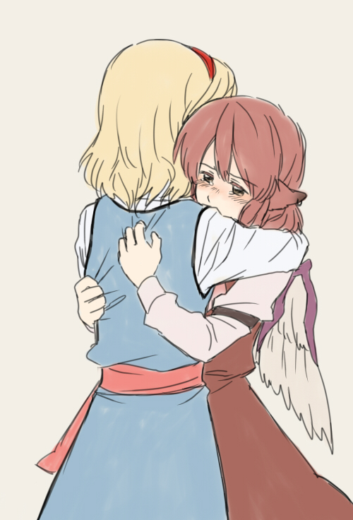torinone, alice margatroid, mystia lorelei, touhou, 2girls, animal ears, blue eyes, comforting, female focus, hug, multiple girls, pink hair, short hair, tears, yuri