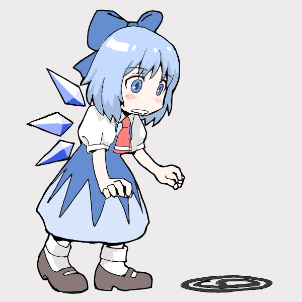 azuna8888, cirno, phantasmagoria of flower view, touhou, 1girl, blue eyes, blue hair, bow, circled 9, dress, fairy, female focus, full body, hair bow, matching hair/eyes, short hair, simple background, solo, wings