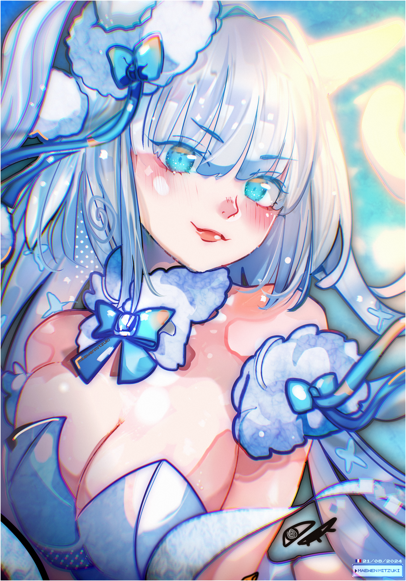 maewenmitzuki, dobrynya nikitich (fate), fate/grand order, fate (series), commentary request, highres, 1girl, animal ears, bare shoulders, blue bow, blue eyes, blue leotard, blush, bow, breasts, cat ears, closed mouth, fox ears, french commentary, grey hair, large breasts, leotard, long hair, looking at viewer, signature, solo, very long hair