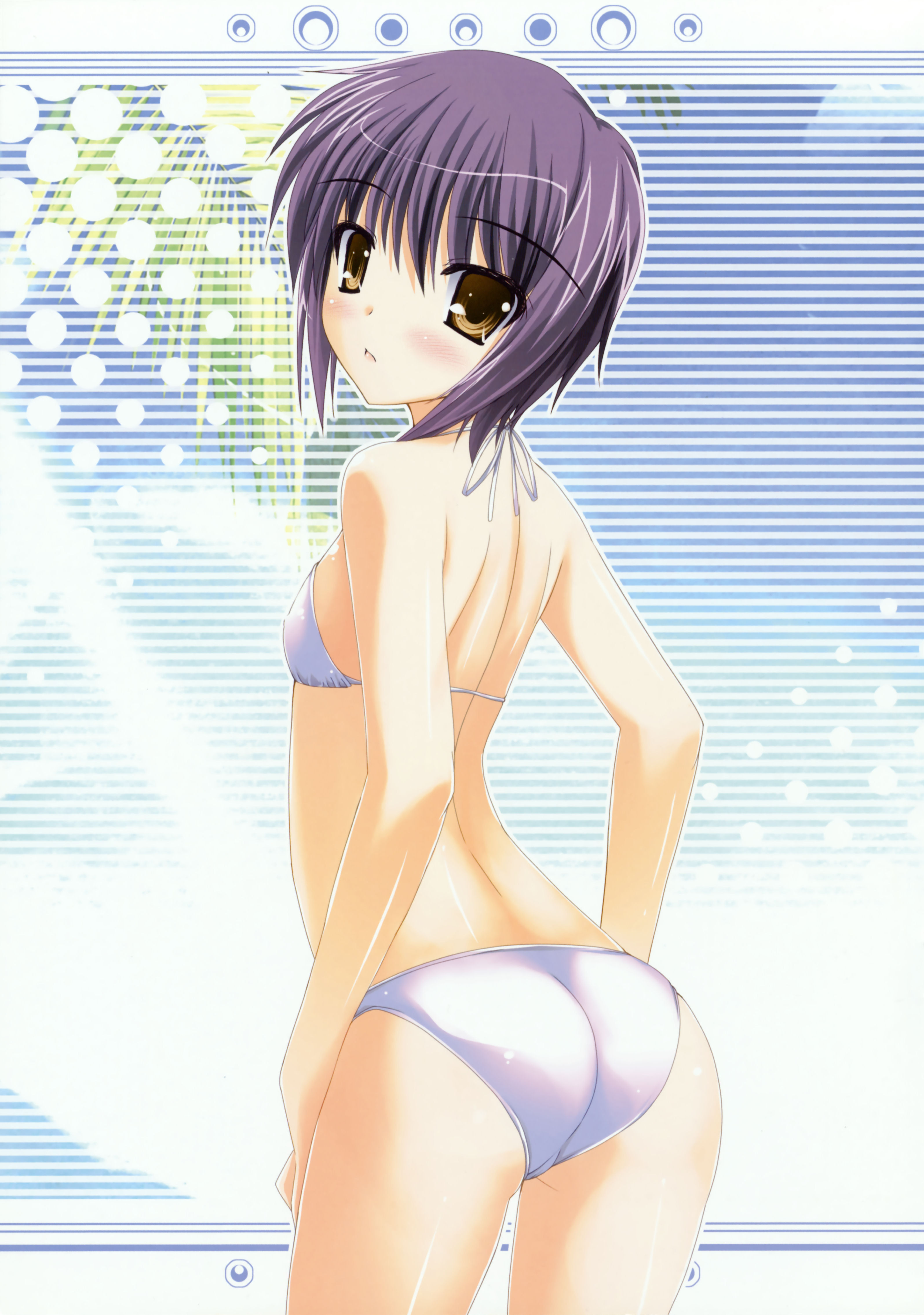 yuki usagi, nagato yuki, suzumiya haruhi no yuuutsu, absurdres, highres, 00s, ass, bikini, flat chest, looking back, purple hair, short hair, solo, swimsuit, yellow eyes
