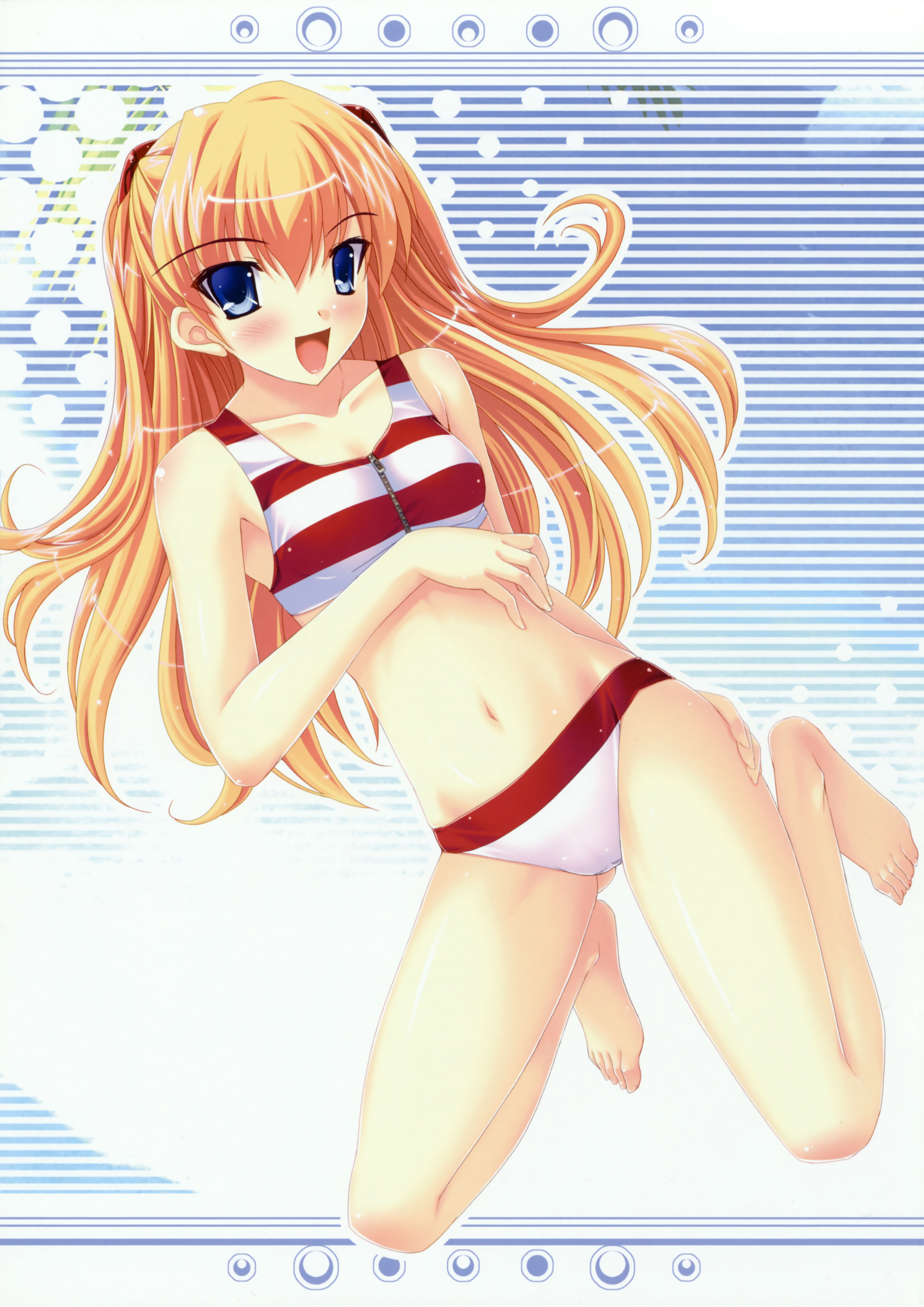 yuki usagi, souryuu asuka langley, neon genesis evangelion, absurdres, highres, :d, barefoot, bikini, blonde hair, blue eyes, blush, feet, hand on own hip, hip focus, long hair, navel, open mouth, smile, solo, swimsuit, white bikini, zipper