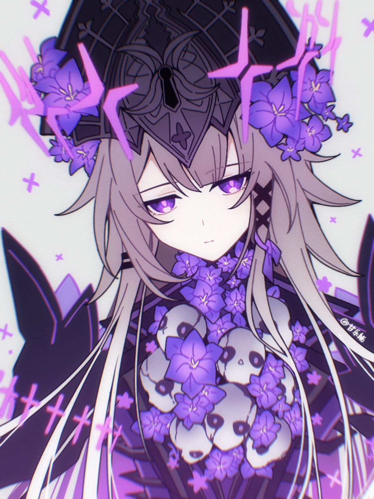 ganleneng, herta (honkai: star rail), irontomb, the herta (honkai: star rail), honkai: star rail, honkai (series), highres, 1girl, alternate universe, bad end, brown hair, cross, doll, flower, hair ornament, hair ribbon, hairclip, hat, head tilt, lock, long hair, looking at viewer, parallel hairclips, purple eyes, purple flower, ribbon, very long hair, white background, x hair ornament