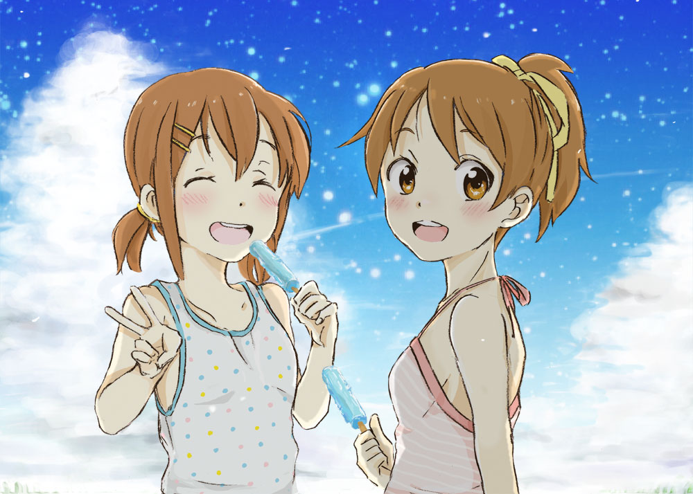 komemu, hirasawa ui, hirasawa yui, k-on!, bad id, bad pixiv id, 00s, 2girls, brown hair, closed eyes, flat chest, food, hair ornament, hairclip, multiple girls, open mouth, ponytail, popsicle, round teeth, siblings, sisters, smile, teeth, v