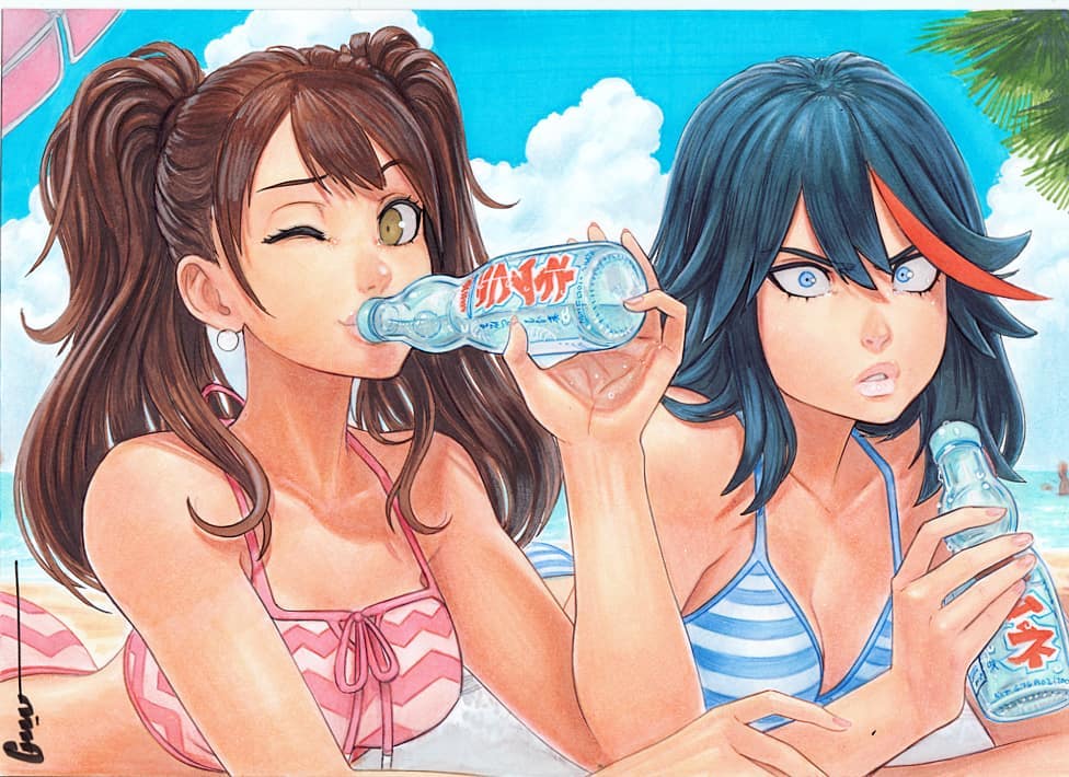 omar dogan, kujikawa rise, matoi ryuuko, kill la kill, persona, persona 4, non-web source, artist name, ass, beach, beach umbrella, bikini, black hair, blue bikini, blue eyes, blue sky, bottle, breasts, brown hair, cleavage, cloud, cloudy sky, crossover, drinking, earrings, holding, holding bottle, jewelry, lips, long hair, lying, medium breasts, medium hair, multicolored hair, on stomach, one eye closed, palm tree, pink bikini, sand, sky, streaked hair, striped bikini, striped clothes, surprised, swimsuit, tree, twintails, two-tone hair, umbrella, water, yellow eyes
