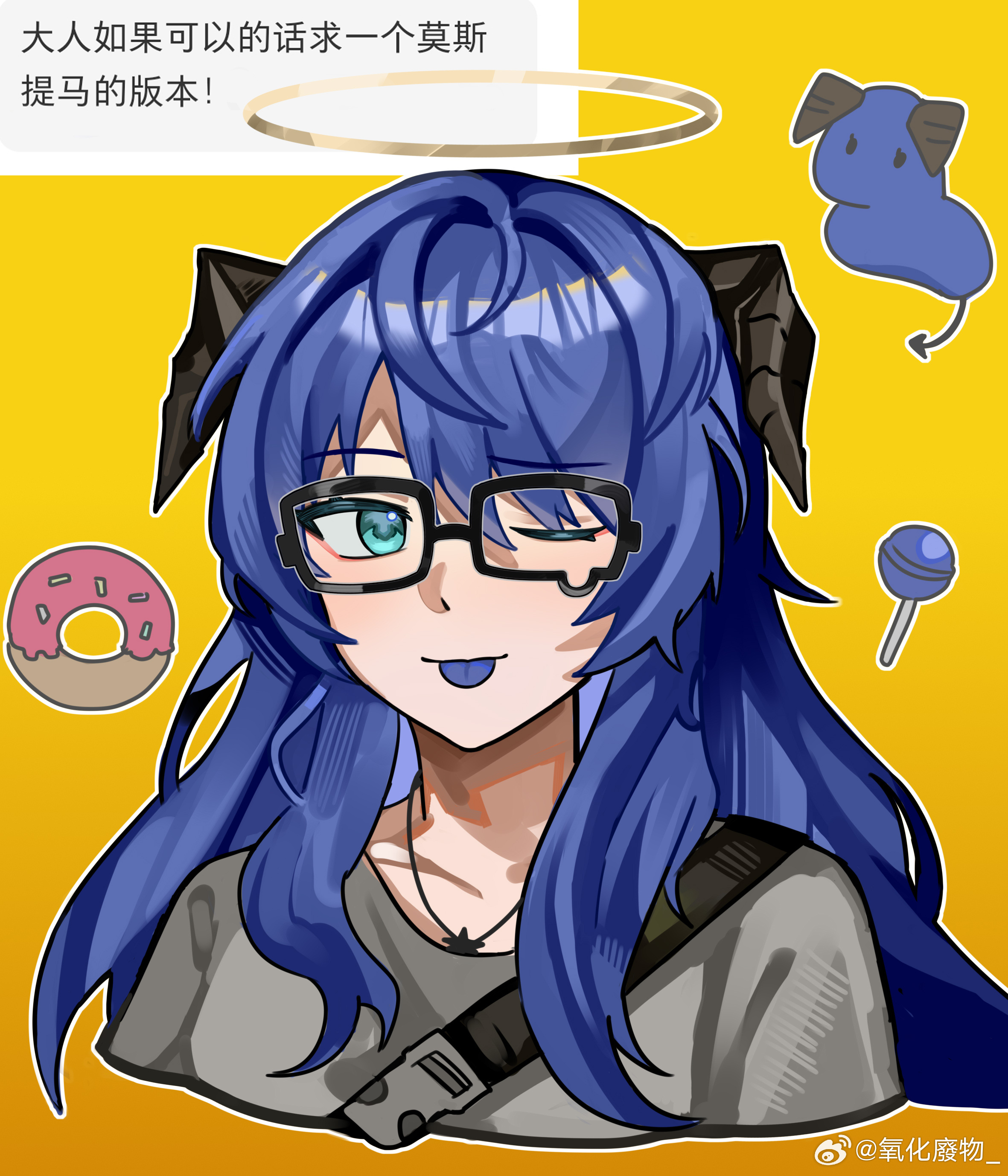 wwfo 2, mostima (arknights), arknights, absurdres, highres, translation request, 1girl, ;p, black horns, blue eyes, blue hair, blue tongue, candy, chinese text, colored tongue, cropped shoulders, donut, food, gradient background, grey halo, grey shirt, hair between eyes, halo, horns, inset, light smile, lollipop, long hair, looking at viewer, one eye closed, outline, shirt, solo, t-shirt, tongue, tongue out, traditional halo, watermark, weibo watermark, white outline, yellow background, yellow halo