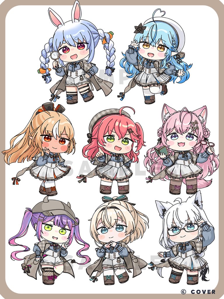 mochimiko, hakui koyori, kazama iroha, sakura miko, shirakami fubuki, shiranui flare, tokoyami towa, usada pekora, yukihana lamy, hololive, official art, ahoge, animal ear fluff, animal ears, beret, black-framed eyewear, black bow, blonde hair, blue eyes, blue hair, blue shirt, boots, border, bow, braid, brown boots, brown border, brown bow, brown eyes, brown jacket, brown socks, carrot hair ornament, chibi, crown braid, fishnet socks, fishnets, food-themed hair ornament, fox ears, fox girl, fox tail, frilled skirt, frills, glasses, green eyes, grey hair, grey hat, grey skirt, hair between eyes, hair bow, hair ornament, hat, heart, heart ahoge, holding, holding magnifying glass, jacket, knee boots, long sleeves, magnifying glass, multicolored hair, one side up, pink hair, plaid hat, puffy long sleeves, puffy sleeves, rabbit-shaped pupils, rabbit ears, red eyes, sample watermark, semi-rimless eyewear, shirt, short eyebrows, skirt, socks, streaked hair, symbol-shaped pupils, tail, thick eyebrows, thighhighs, twin braids, twintails, two-tone hair, under-rim eyewear, virtual youtuber, watermark, white background, white hair, white socks, white thighhighs