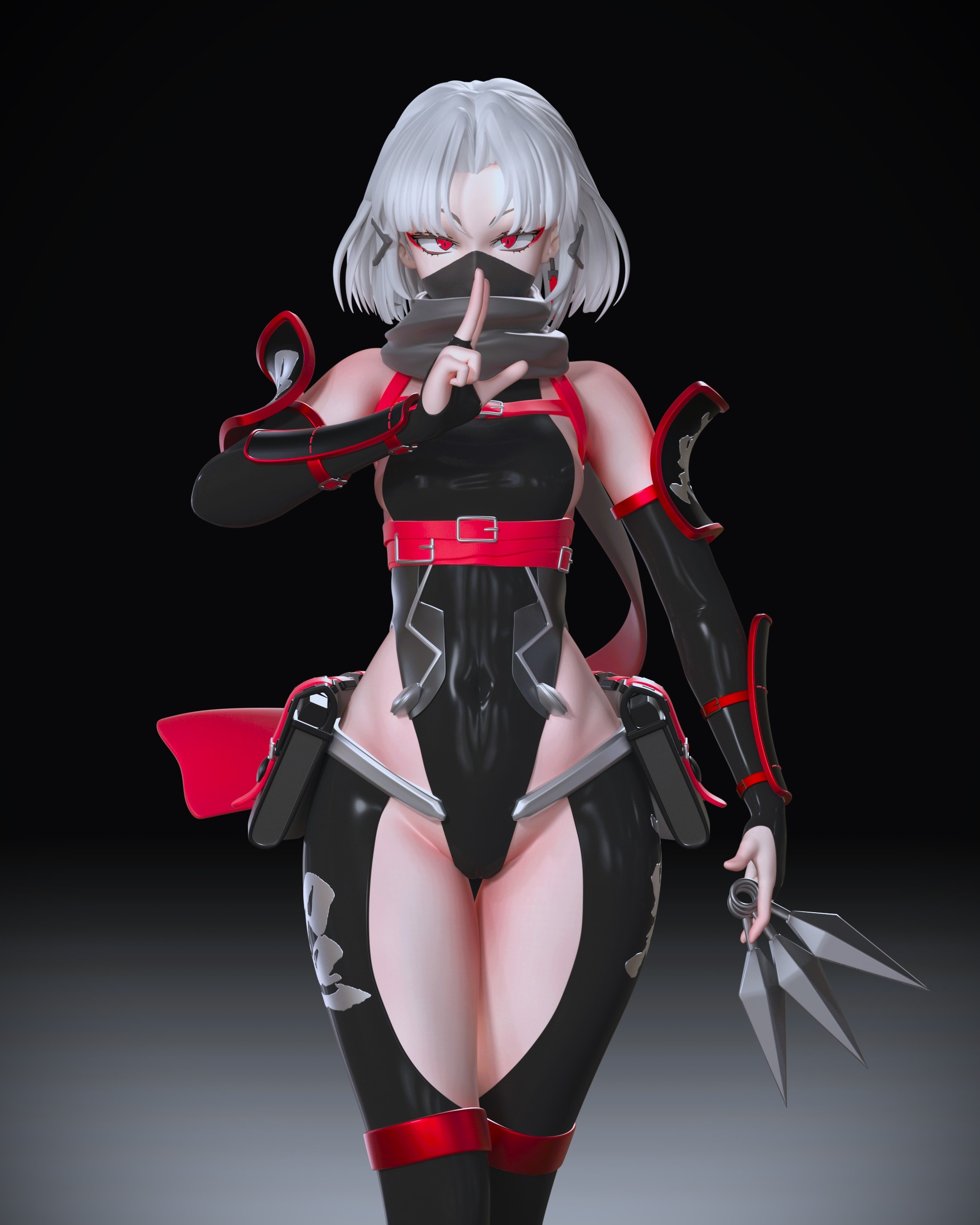 drake (nikke), goddess of victory: nikke, absurdres, highres, 1girl, 3d, arm armor, bare shoulders, black leotard, breasts, covered navel, cowboy shot, gloves, highleg, highleg leotard, japanese clothes, kunai, leotard, looking at viewer, mask, medium breasts, mouth mask, ninja, ninja mask, red eyes, scarf, short hair, sideboob, simple background, weapon, white hair, yatayata1414