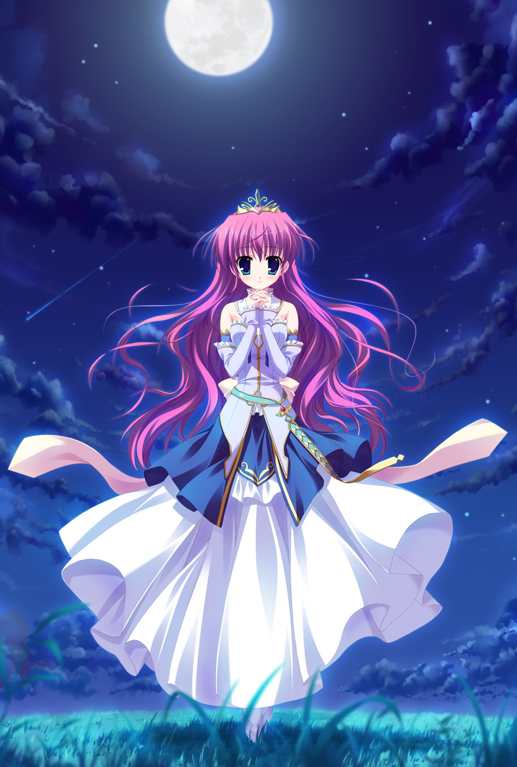 mitha, highres, blue eyes, crown, dress, grass, long hair, moon, night, pink hair, solo