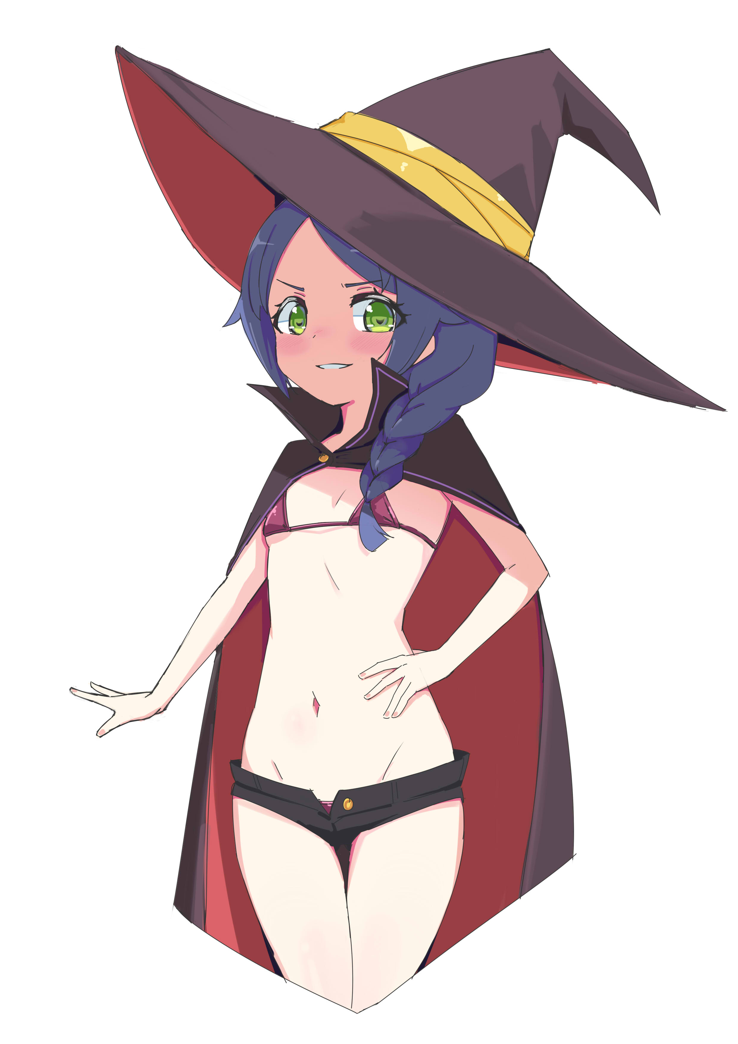 meili portroute, re:zero kara hajimeru isekai seikatsu, absurdres, highres, 1girl, bikini, black cloak, black shorts, blue hair, breasts, cloak, green eyes, hat, itsuki ai, looking at viewer, micro bikini, shorts, small breasts, smile, swimsuit, witch hat