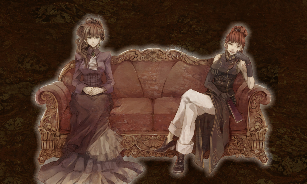 ayko, oono eiko, ushiromiya eva, ushiromiya natsuhi, umineko no naku koro ni, bad id, bad pixiv id, 00s, 2girls, arm tattoo, couch, dress, folded fan, folding fan, frown, gloves, half-closed eyes, hand fan, head rest, holding, holding fan, jewelry, leaning to the side, multiple girls, own hands together, red hair, sitting, sleeves rolled up, tattoo