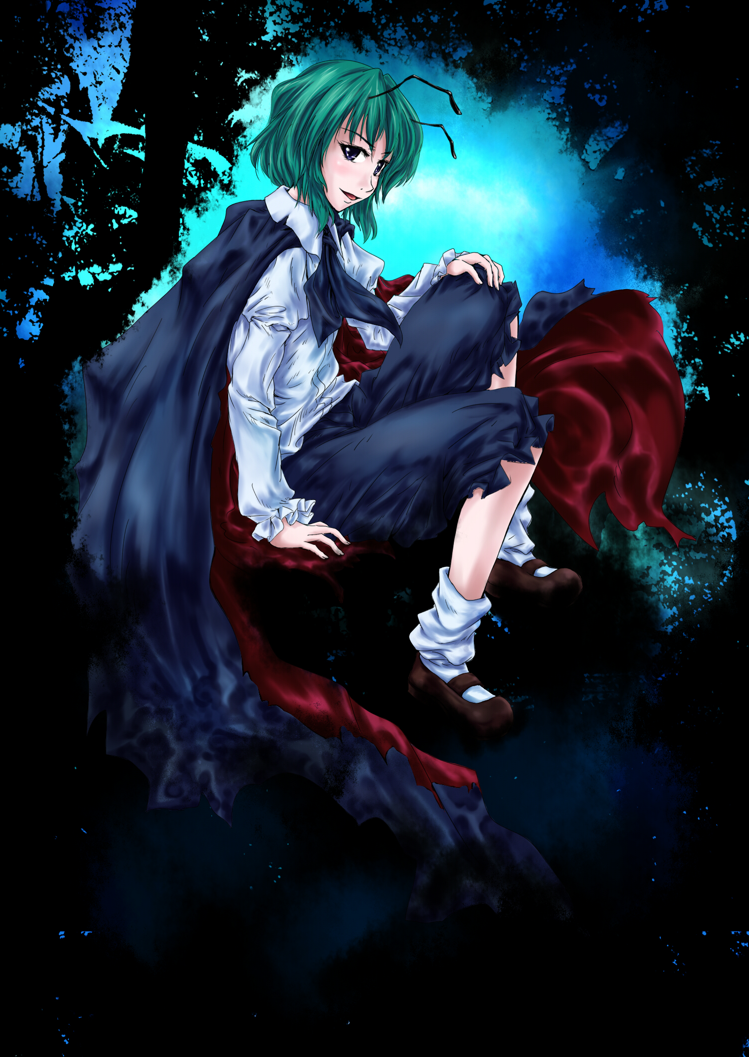 itsuku, wriggle nightbug, touhou, highres, 1girl, antennae, black pants, blue eyes, cape, collared shirt, dark background, female focus, fingernails, full body, gradient background, green hair, hand on own knee, long sleeves, looking at viewer, mary janes, open mouth, pants, shirt, shoes, short hair, sitting, socks, solo, white shirt