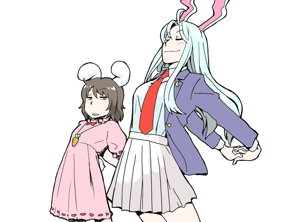 azuna8888, inaba tewi, reisen udongein inaba, touhou, silver hair, 2girls, animal ears, blazer, brown hair, dress, female focus, jacket, long hair, multiple girls, pleated skirt, rabbit ears, short hair, simple background, skirt, stretching, tail, white background