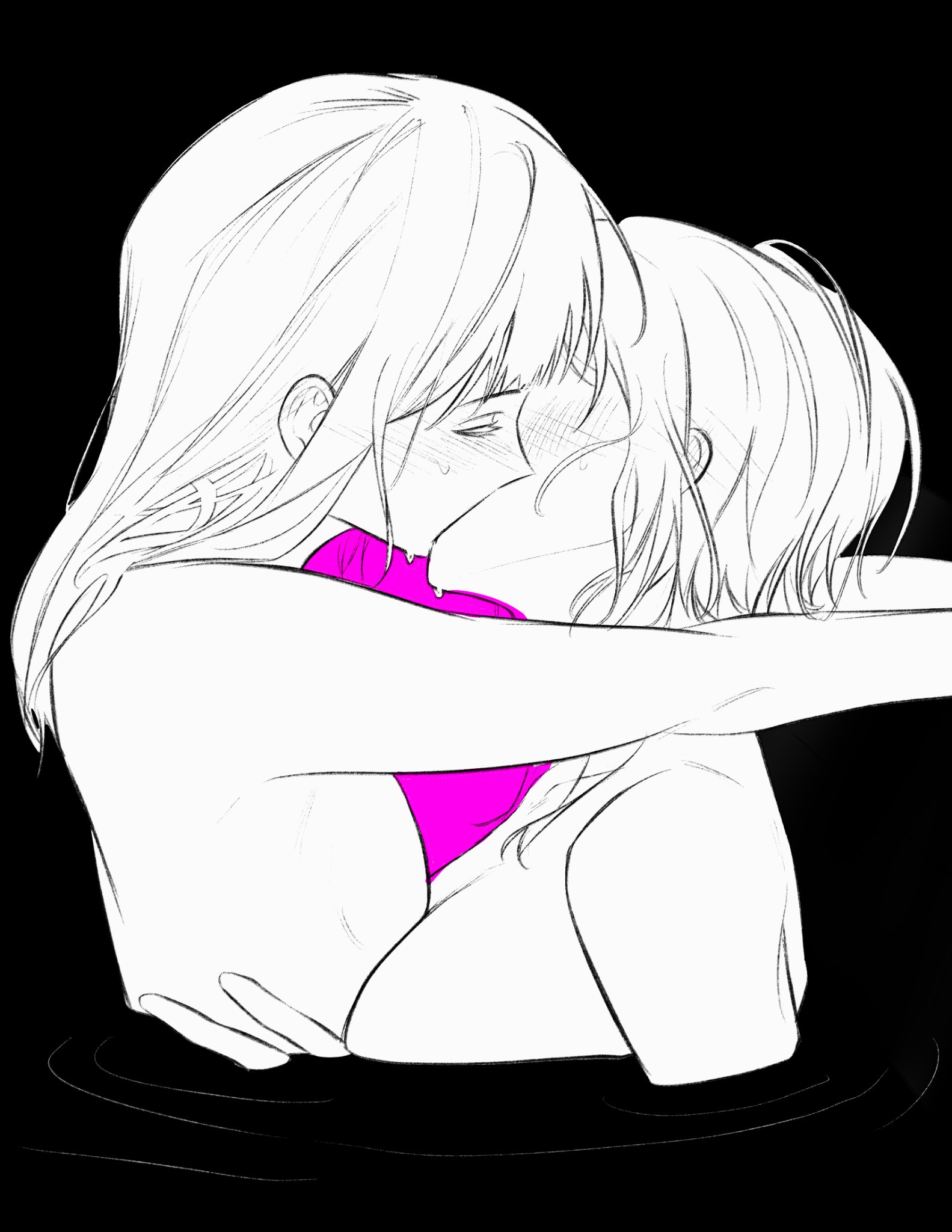 hero45439083942, wakaba mutsumi, yuutenji nyamu, bang dream!, bang dream! it's mygo!!!!!, highres, 2girls, arms around neck, asymmetrical docking, black background, blush, breast press, breasts, french kiss, kiss, large breasts, long hair, medium breasts, multiple girls, nude, purple background, short hair, sweat, two-tone background, yuri