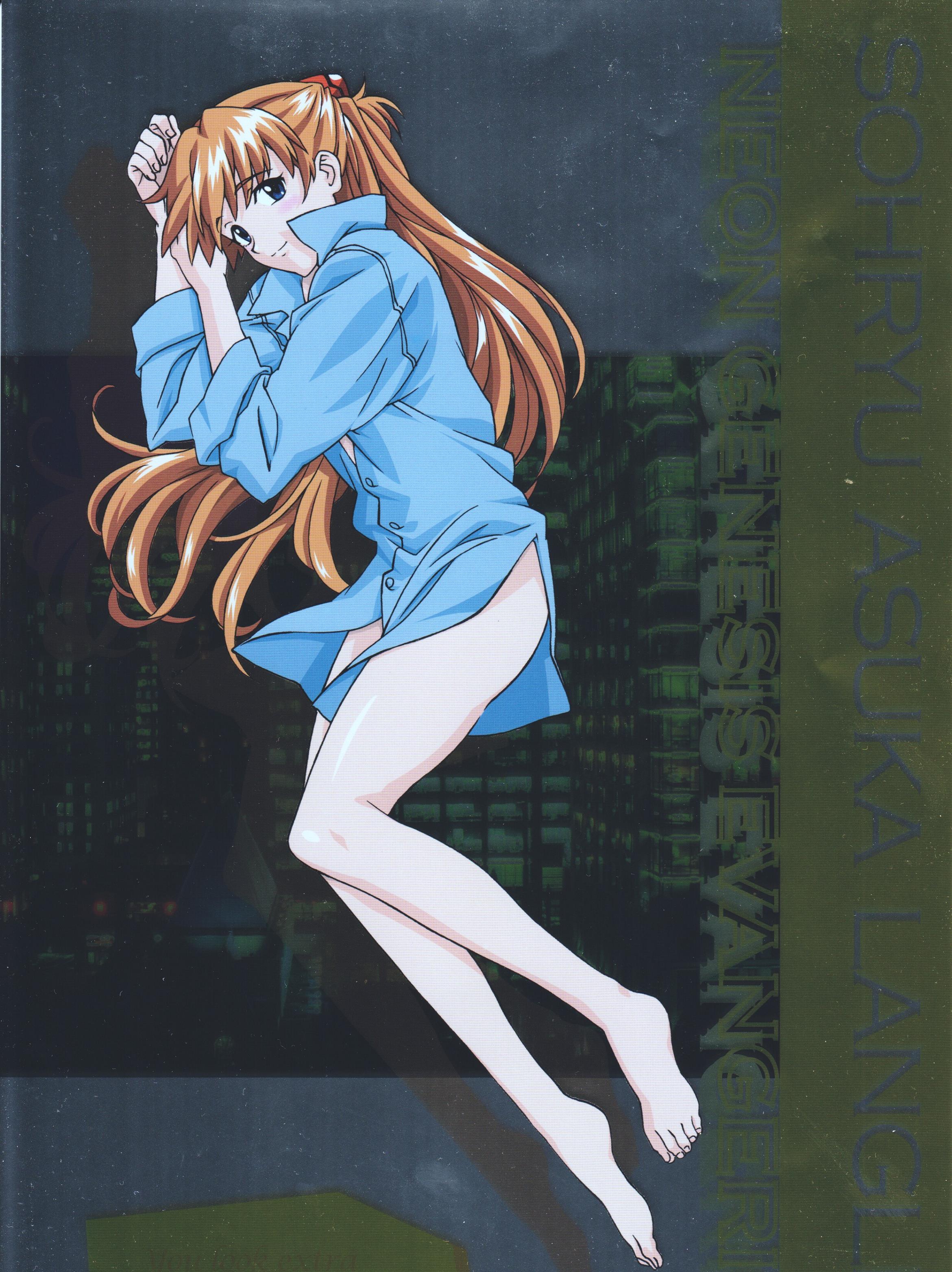 souryuu asuka langley, neon genesis evangelion, absurdres, highres, scan, scan artifacts, barefoot, blue eyes, blush, bottomless, dress shirt, feet, hair ornament, hairclip, lying, no pants, pajamas, red hair, shirt, sleeves rolled up, smile, solo, toes