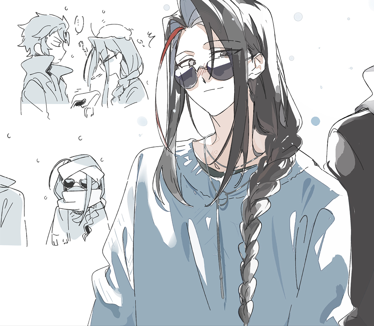 agata720, hijikata toshizou (fate), kondou isami (fate), fate/grand order, fate (series), …, 2boys, black coat, black hair, blue sweater, braid, closed eyes, closed mouth, coat, cold, curtained hair, grey eyes, hair behind ear, hair over shoulder, heterochromia, hijikata toshizou (over the same sky) (fate), jewelry, kondou isami (over the same sky) (fate), long hair, looking at another, low-braided long hair, low-tied long hair, male focus, multicolored hair, multiple boys, multiple views, necklace, parted hair, popped collar, red hair, red nose, scarf, scarf over mouth, short hair, shoulder-to-shoulder, side-by-side, simple background, single braid, smile, sneezing, snow on head, speech bubble, spoken ellipsis, streaked hair, sunglasses, sweater, white background