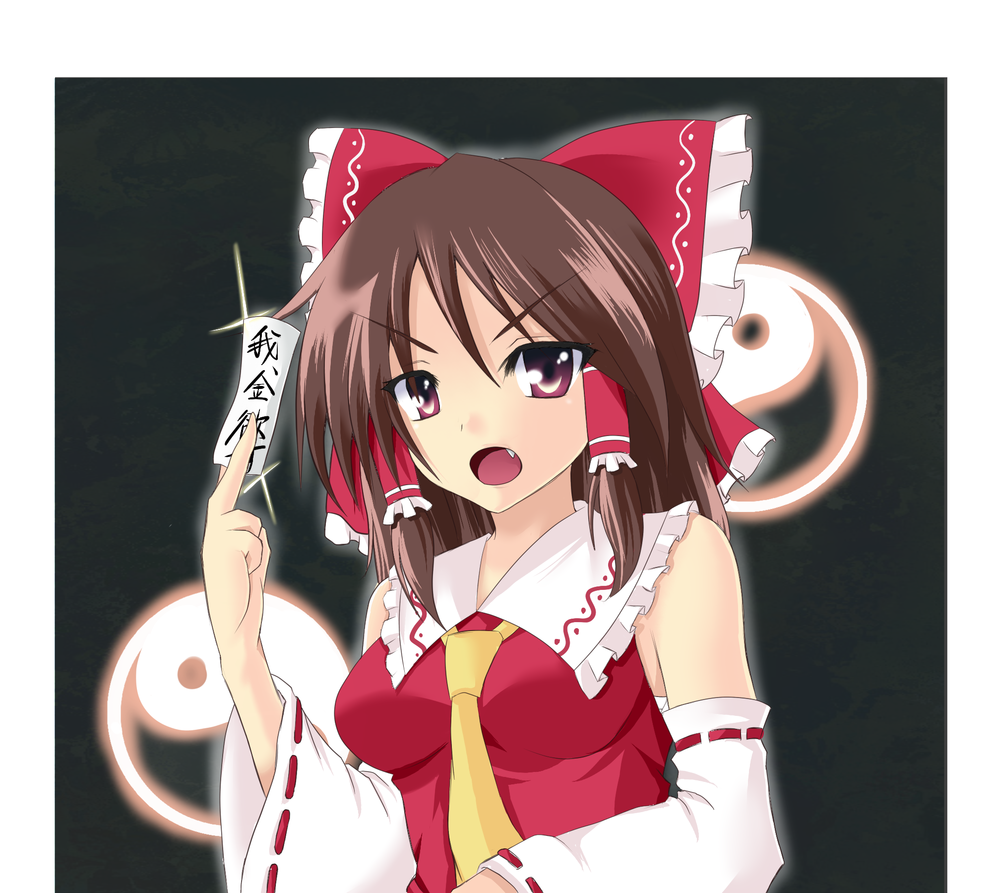 genkai madika, hakurei reimu, touhou, highres, 1girl, breasts, brown hair, detached sleeves, fang, female focus, japanese clothes, miko, ofuda, red eyes, ribbon, short hair, solo, upper body, yin yang