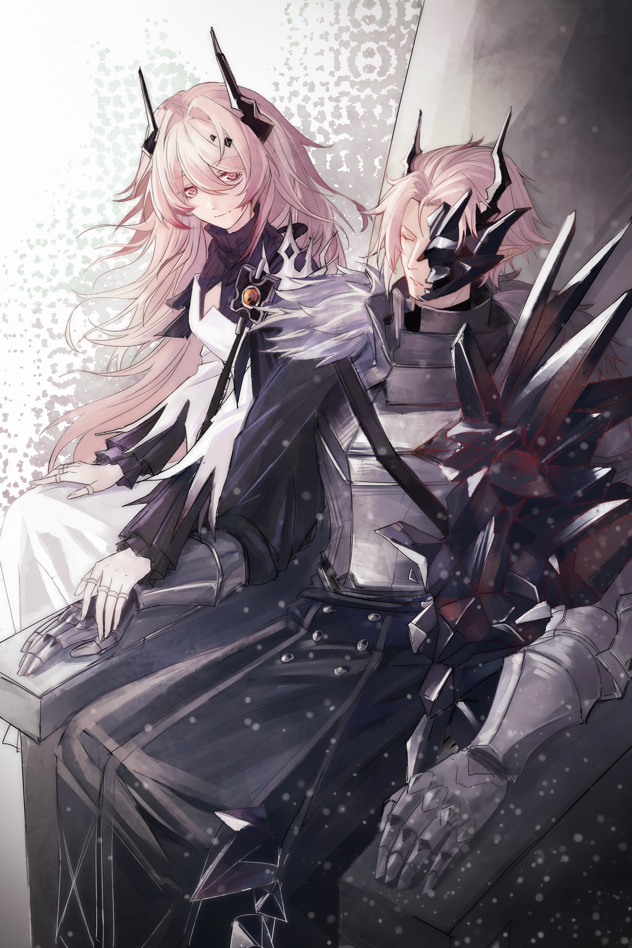 cc guiya, theresa (arknights), theresis (arknights), arknights, absurdres, chinese commentary, commentary request, highres, 1boy, 1girl, armor, black dress, black horns, black pants, cleavage cutout, closed eyes, closed mouth, clothing cutout, cuirass, dress, fingernails, fur trim, gauntlets, hair between eyes, hair intakes, hand on another's hand, horns, jewelry, light particles, light smile, long hair, long sleeves, multiple rings, pants, pink eyes, pink hair, pointy ears, ring, short hair, sitting, sitting on throne, throne, turtleneck, turtleneck dress, white dress