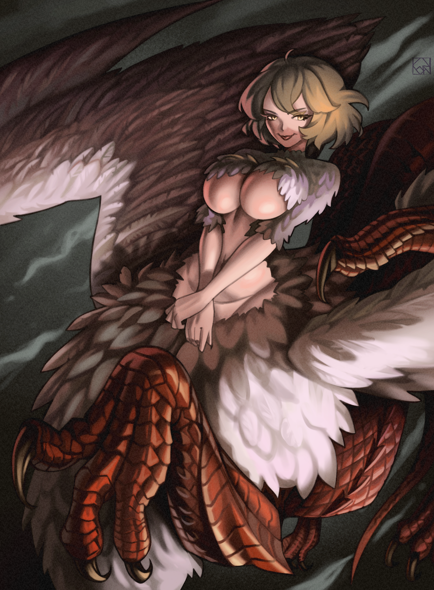 evanleaves, falin touden, falin touden (chimera), dungeon meshi, commentary, highres, 1girl, blonde hair, body fur, breasts, centauroid, chimera, claws, closed mouth, cowboy shot, feathered wings, feathers, hair between eyes, large breasts, looking at viewer, monster girl, multiple legs, navel, own hands together, red scales, short hair, sidelocks, signature, solo, stomach, talons, taur, underboob, white feathers, wings, yellow eyes