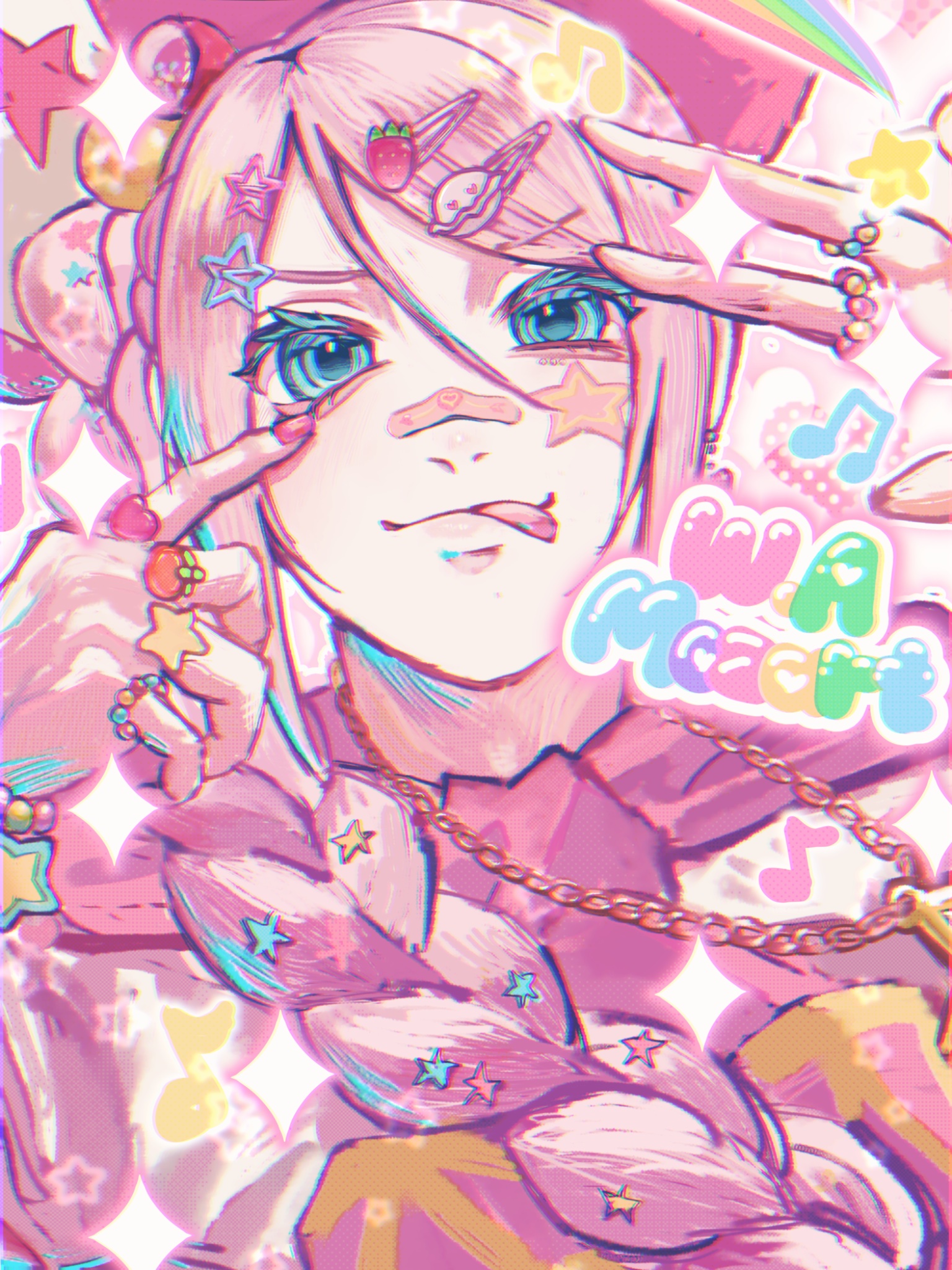 wolfgang amadeus mozart (classicaloid), classicaloid, commentary request, highres, 1boy, androgynous, bandaid, bandaid on face, bandaid on nose, blue eyes, character name, chromatic aberration, clsc iiz, eyelashes, hair ornament, hairclip, heisei retro, jewelry, long hair, looking at viewer, male focus, multiple hair clips, multiple rings, musical note, necklace, pink hair, ring, solo, star (symbol), tongue, tongue out, upper body