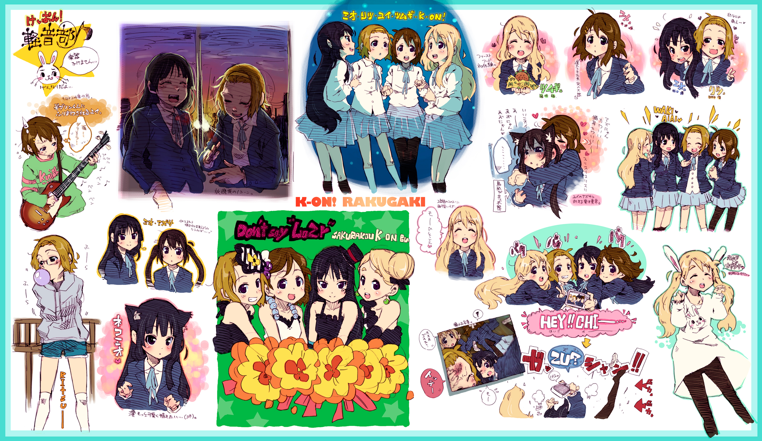 takanashi ringo, akiyama mio, hirasawa yui, kotobuki tsumugi, nakano azusa, tainaka ritsu, don't say "lazy", k-on!, highres, 00s, 4girls, animal ears, bass guitar, black eyes, black hair, blonde hair, blowing bubble gum, blowing bubbles, blue eyes, blunt bangs, blush, brown eyes, brown hair, cat ears, chewing gum, dress, electric guitar, gibson les paul, glasses, guitar, hat, hime cut, ho-kago tea time, hug, instrument, long hair, mini hat, mini top hat, multiple girls, pantyhose, rabbit ears, school uniform, short hair, top hat, twintails