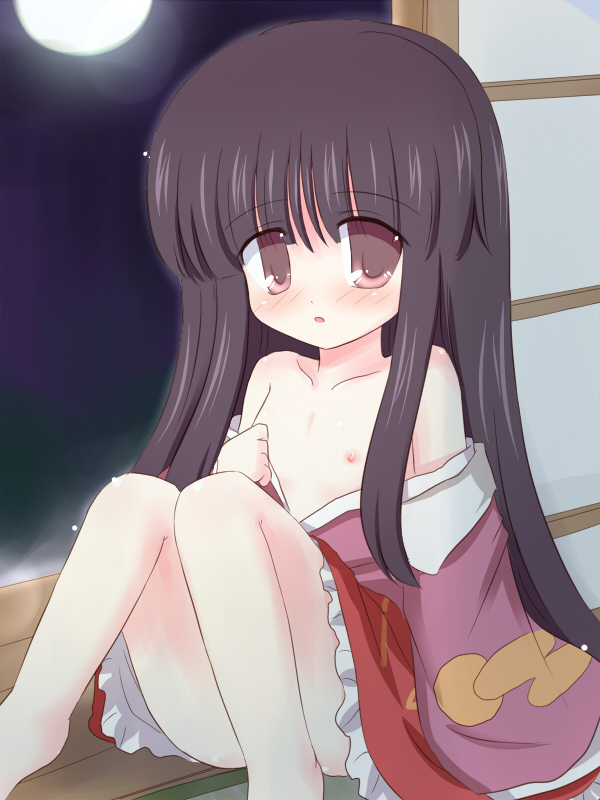 ry (yagoyago), houraisan kaguya, touhou, 1girl, black hair, blush, brown eyes, female focus, flat chest, loli, long hair, moon, solo