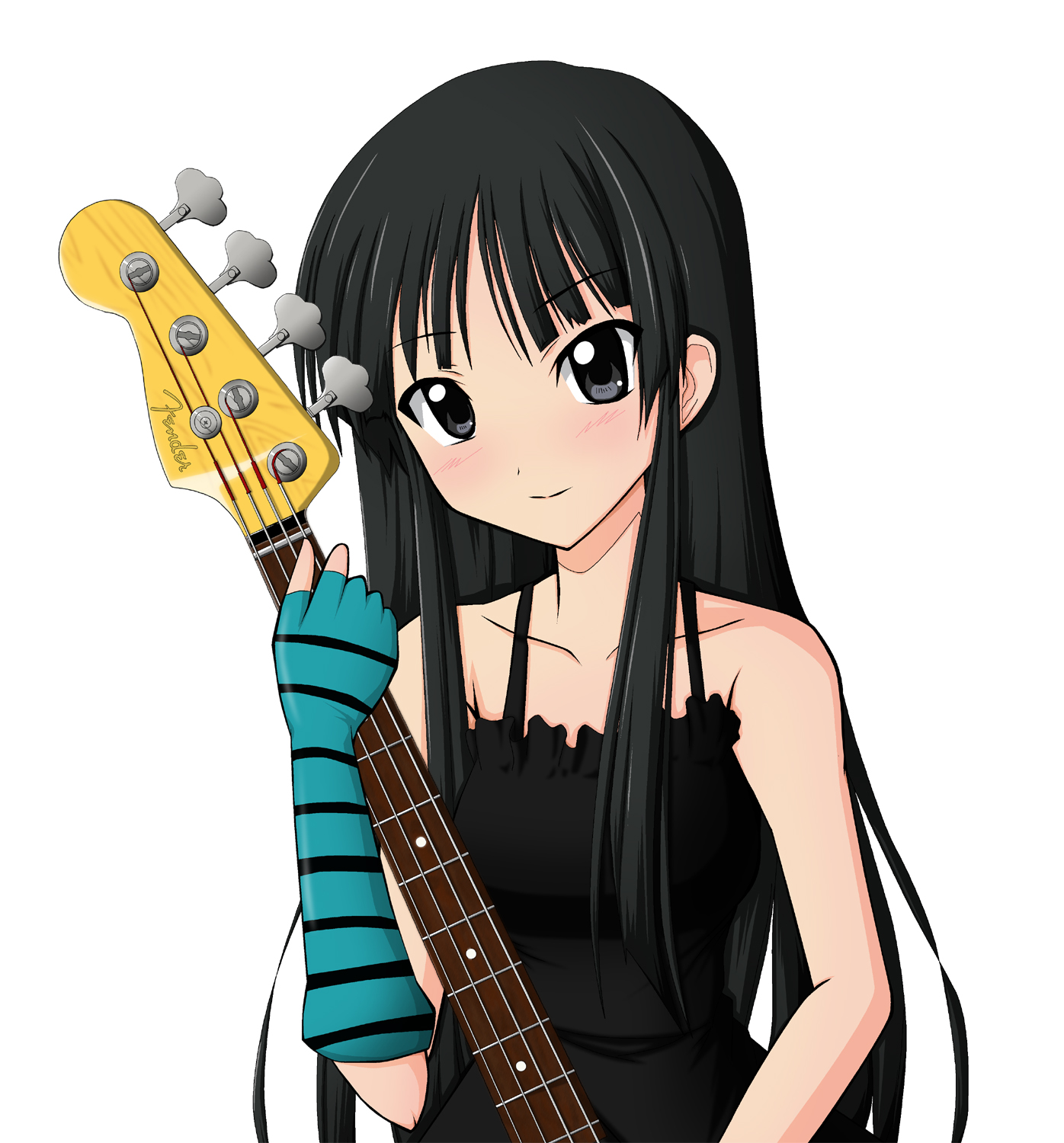 su-35 (artist), akiyama mio, don't say "lazy", k-on!, highres, 00s, 1girl, bare shoulders, bass guitar, black hair, dress, female focus, fingerless gloves, gloves, grey eyes, guitar, instrument, long hair, single glove, solo