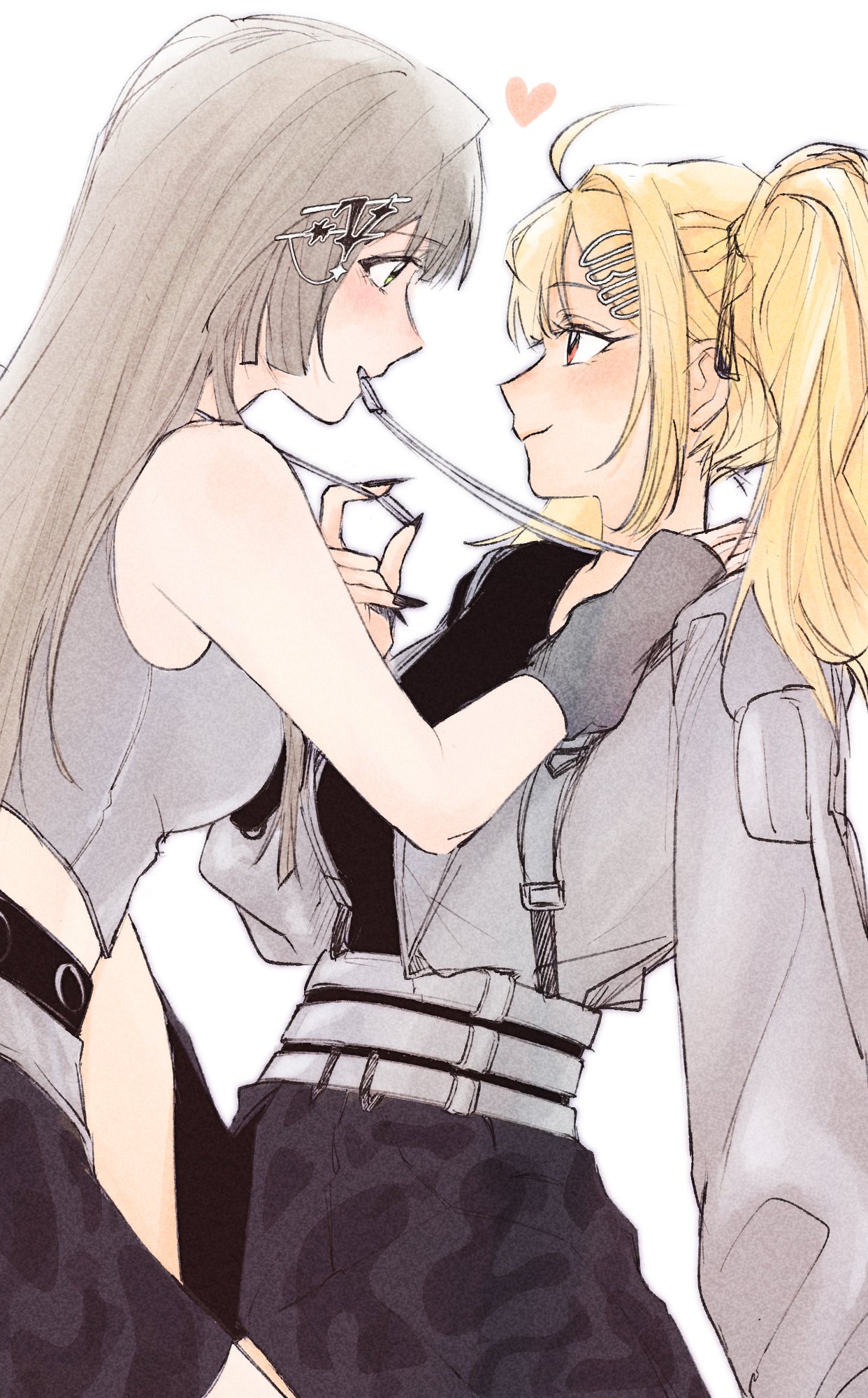 original, highres, 2girls, black nails, black skirt, blonde hair, green eyes, grey hair, grey jacket, grey tank top, hair ornament, hairclip, heart, jacket, long hair, multiple girls, necklace in mouth, red eyes, sedolsaranghae, simple background, skirt, smile, tank top, white background, yuri