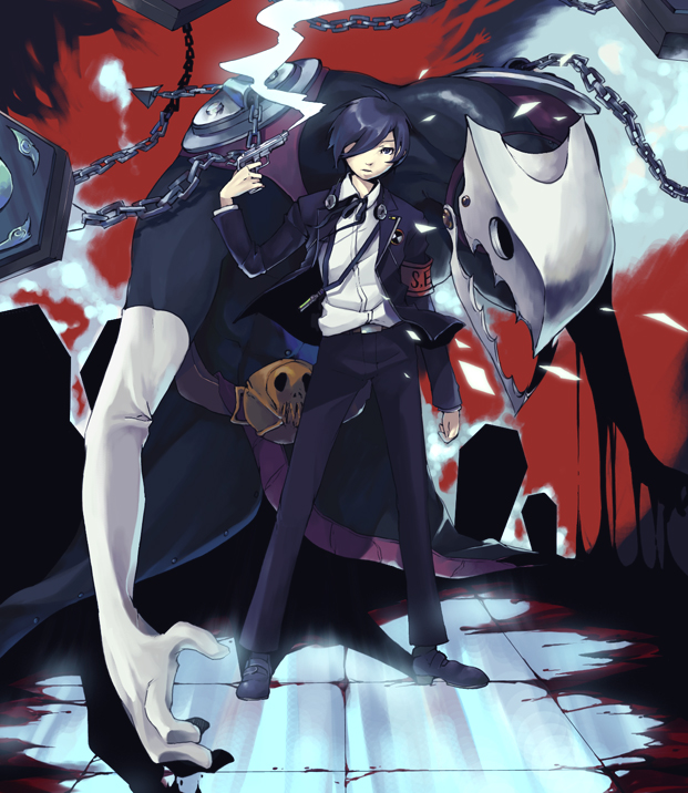 35, thanatos (persona), yuuki makoto (persona 3), atlus, persona, persona 3, 1boy, armband, blonde hair, blood, blue eyes, blue hair, digital media player, digital walkman, evoker, gun, gun to head, headphones, holding, holding gun, holding weapon, male focus, matching hair/eyes, school uniform, solo, walkman nw-s203f, weapon