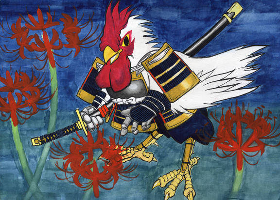 yaburebouki akuta, pixiv fantasia, pixiv fantasia 1, armor, bird, breastplate, chicken, flower, gloves, japanese armor, katana, kote, kusazuri, no humans, red flower, rooster, samurai, sheath, sheathed, shoulder armor, sode, spider lily, suneate, sword, weapon, yabu houki gomi
