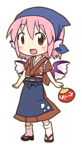 yamabuki (yusuraume), mystia lorelei, okamisty, touhou, lowres, 1girl, blue headscarf, brown eyes, chibi, female focus, hand fan, headscarf, japanese clothes, paper fan, pink hair, short hair, solo, tasuki, uchiwa, wings
