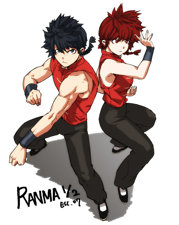 suha5588, ranma-chan, saotome ranma, ranma 1/2, bad id, bad pixiv id, 1boy, 1girl, back-to-back, bare shoulders, black hair, braid, breasts, chinese clothes, dual persona, fighting stance, full body, genderswap, genderswap (mtf), grey eyes, kung fu, medium breasts, muscular, red eyes, red hair, short hair, single braid, tangzhuang, wristband