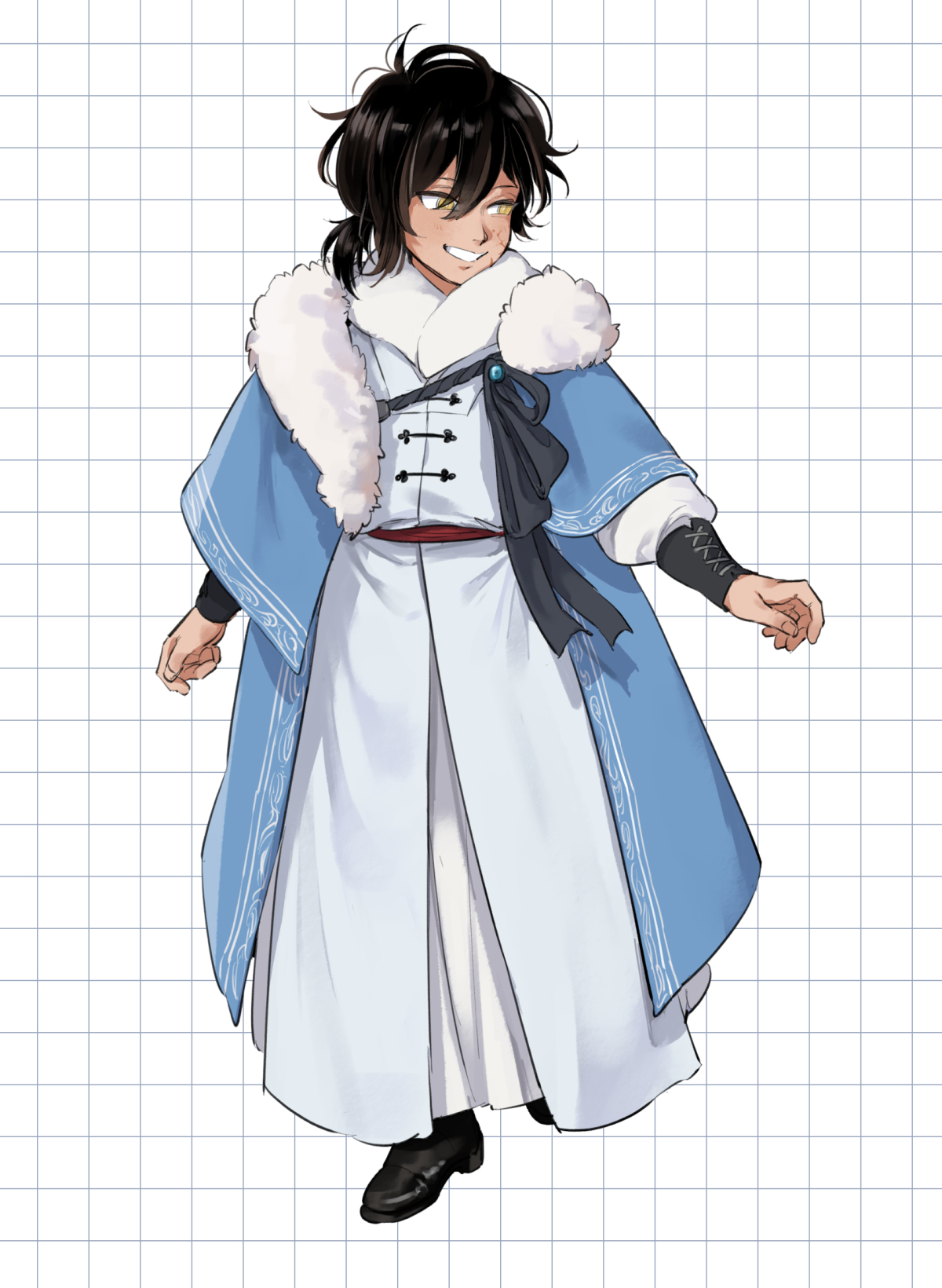original, commentary request, highres, 1boy, ano amesuke, black hair, black shoes, blue coat, coat, full body, grin, long sleeves, male focus, puffy long sleeves, puffy sleeves, robe, shoes, smile, solo, white robe, yellow eyes