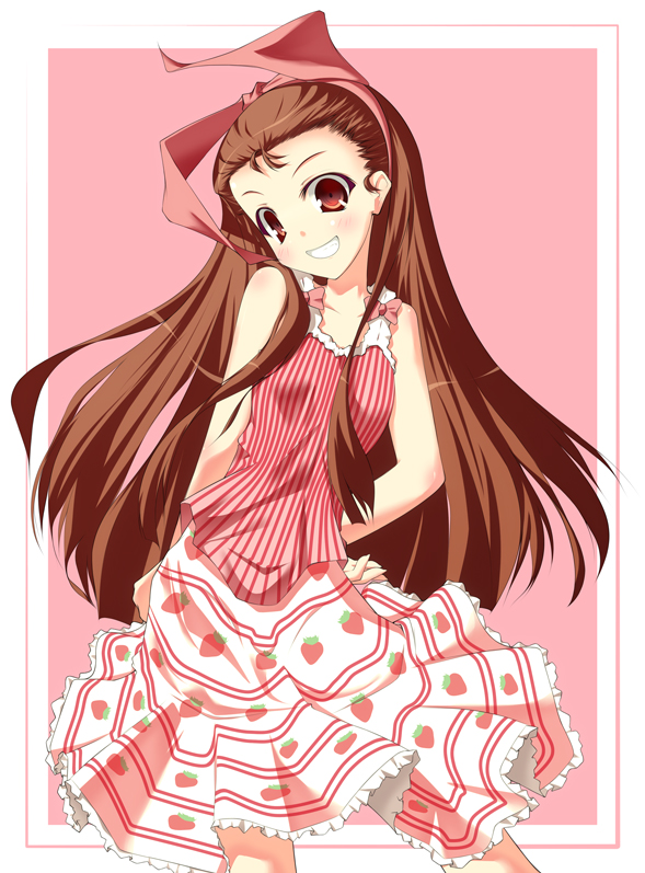 chu (chu inthis), minase iori, idolmaster, idolmaster (classic), 00s, 1girl, arms behind back, bare shoulders, breasts, brown hair, casual, collarbone, cropped legs, female focus, frilled skirt, frills, grin, hair slicked back, hairband, head tilt, long hair, looking at viewer, pink shirt, red eyes, ribbon, shirt, skirt, sleeveless, sleeveless shirt, small breasts, smile, solo, striped clothes, striped shirt, teeth, vertical-striped clothes, vertical-striped shirt