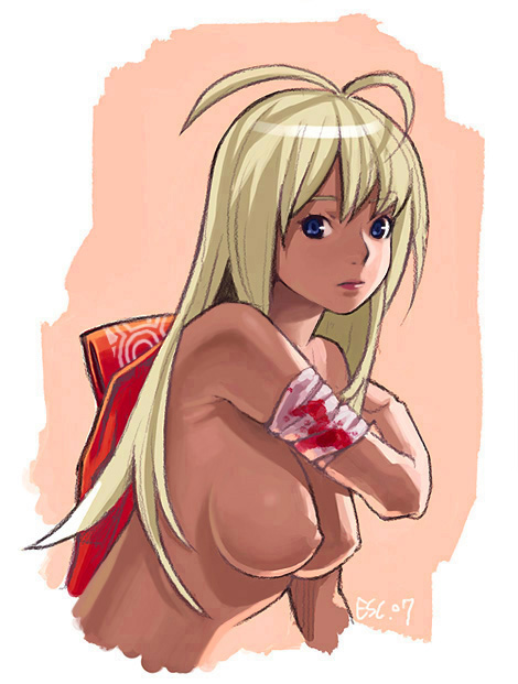 suha5588, original, bad id, bad pixiv id, 1girl, ahoge, bandages, blonde hair, blood, blue eyes, breasts, dark-skinned female, dark skin, female focus, large breasts, long hair, nipples, nude, solo