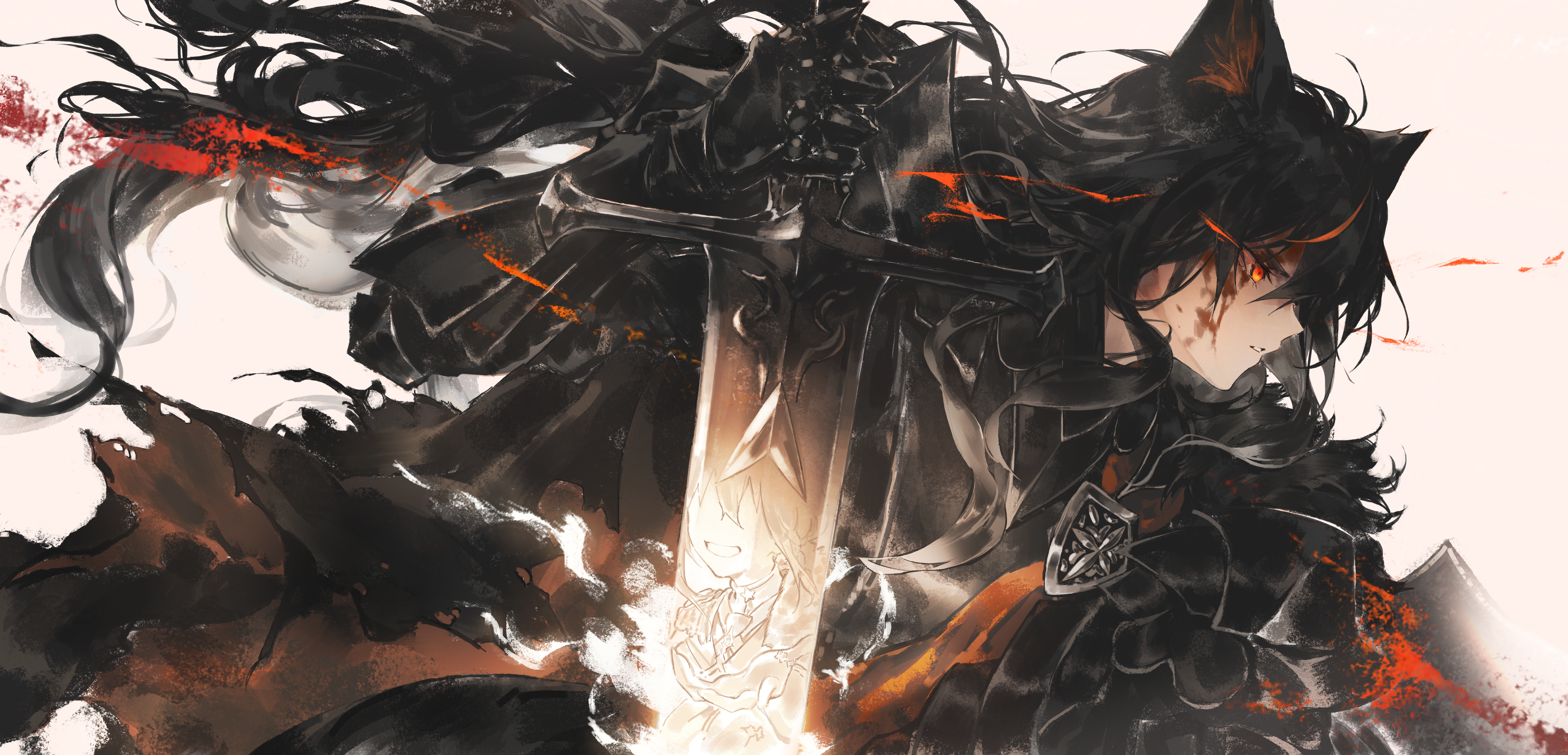 kyoko (zeprii4), kurokami fubuki, shirakami fubuki, hololive, absurdres, highres, 1girl, animal ears, armor, barding, black armor, black hair, blood, blood on face, colored inner animal ears, double exposure, eye trail, floating hair, fox ears, fox girl, from side, gauntlets, glowing, glowing eyes, holding, holding sword, holding weapon, horseback riding, leaning forward, light trail, long hair, orange eyes, parted lips, red eyes, riding, serious, solo, sword, upper body, very long hair, virtual youtuber, weapon, white background