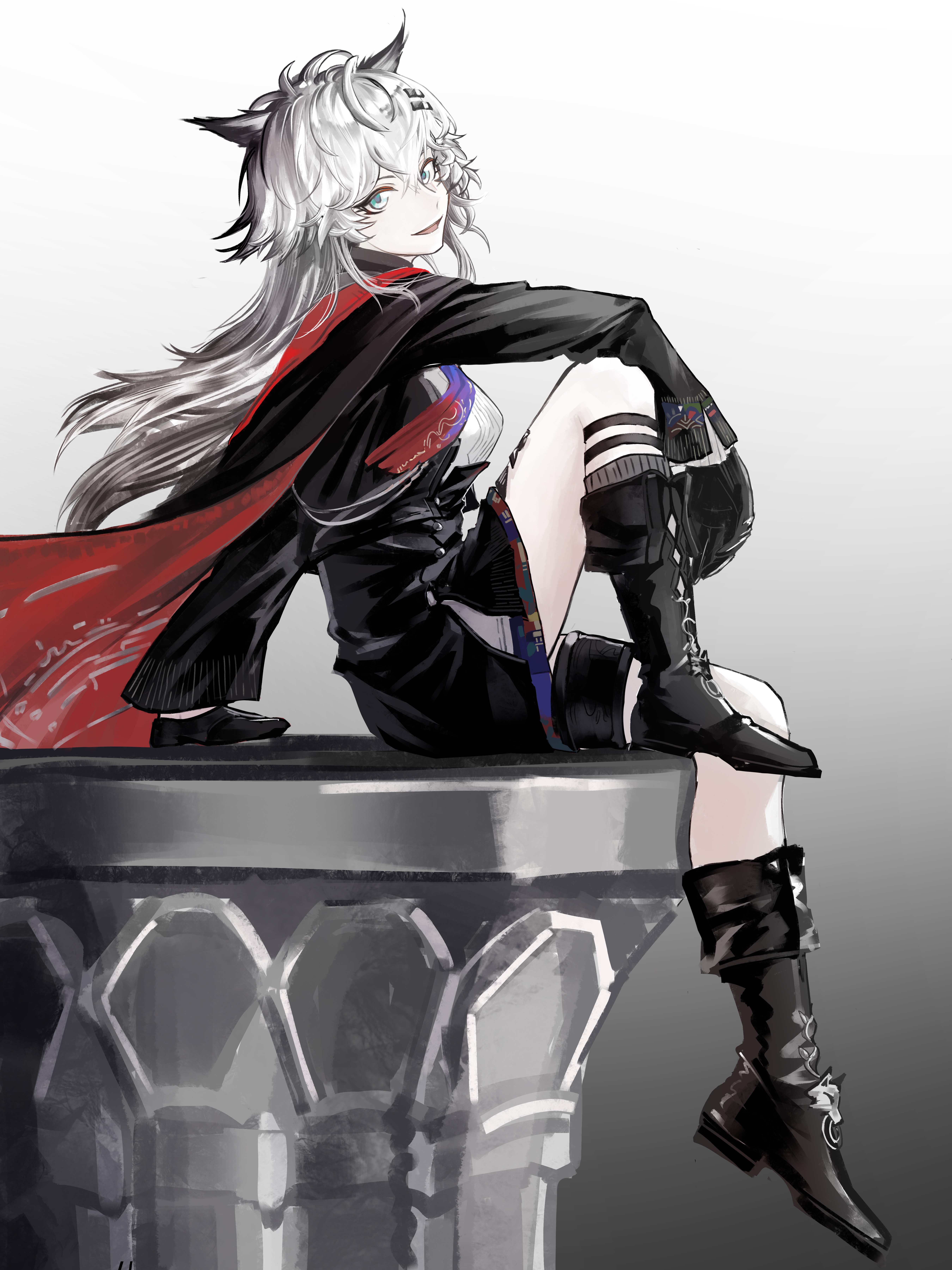 cc guiya, lappland (arknights), lappland the decadenza (arknights), arknights, absurdres, chinese commentary, commentary request, highres, 1girl, animal ears, aqua eyes, black boots, black gloves, black hair, black jacket, boots, cape, column, full body, gloves, gradient background, grey background, grey hair, hair between eyes, hair ornament, hairclip, jacket, knee boots, knee up, long hair, long sleeves, looking at viewer, material growth, open mouth, oripathy lesion (arknights), pillar, red cape, shin strap, sitting, smile, solo, white background, white hair, wolf ears, wolf girl