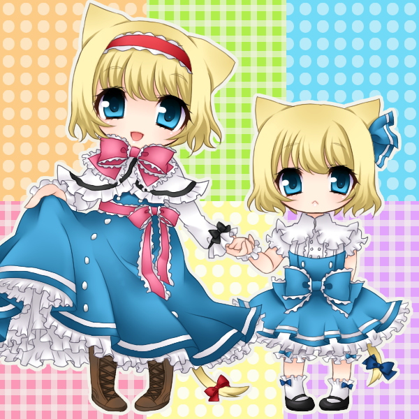 jako, jyako, alice margatroid, alice margatroid (pc-98), mystic square, touhou, touhou (pc-98), bad id, bad pixiv id, 2girls, :<, animal ears, blonde hair, blue eyes, cat ears, cat girl, cat tail, dress, female focus, hairband, multiple girls, short hair, tail, time paradox