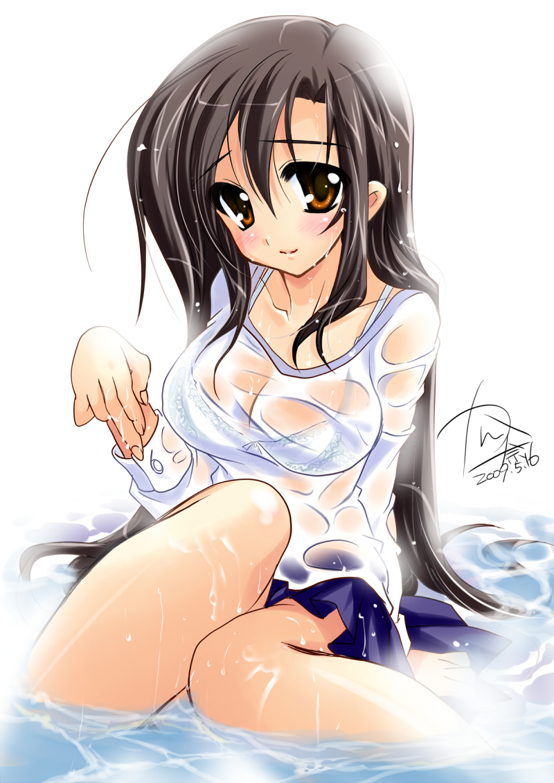 kanna (plum), original, blush, bra, breasts, brown hair, large breasts, lingerie, pleated skirt, see-through clothes, skirt, solo, underwear, water, wet, wet clothes