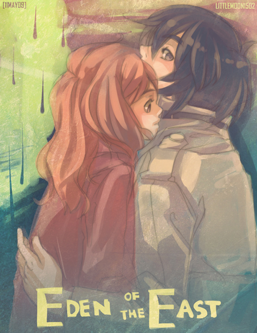 patitopeke, morimi saki, takizawa akira, higashi no eden, bad id, bad pixiv id, 00s, 1boy, 1girl, black hair, coat, couple, hetero, jacket, long hair, orange hair