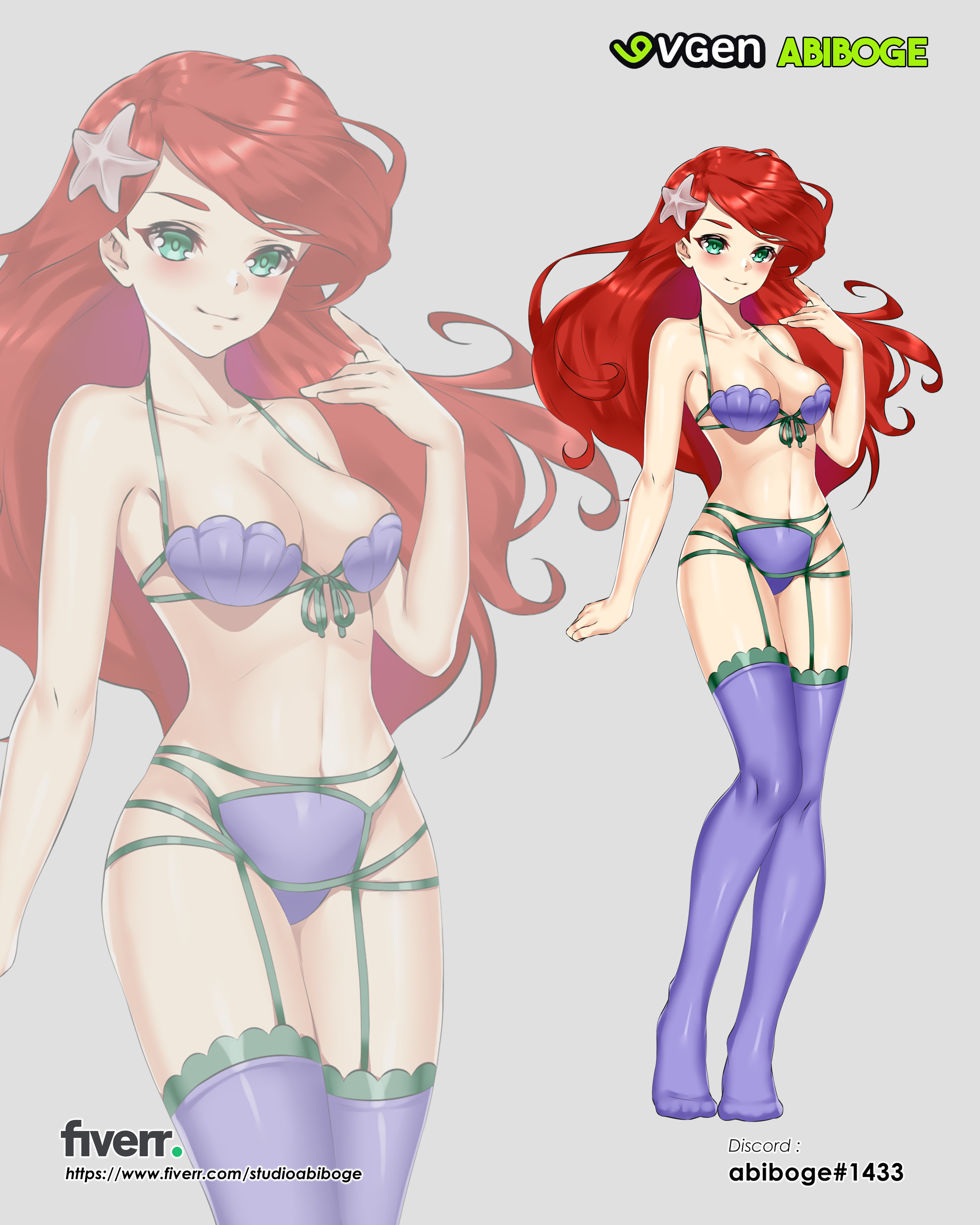 abiboge, ariel (disney), the little mermaid (disney), absurdres, commentary, english commentary, highres, artist name, bikini, breasts, front-tie bikini top, front-tie top, garter straps, green eyes, hair ornament, long hair, medium breasts, purple bikini, purple thighhighs, red hair, starfish hair ornament, string bikini, swimsuit, thighhighs, very long hair, watermark, web address, zoom layer