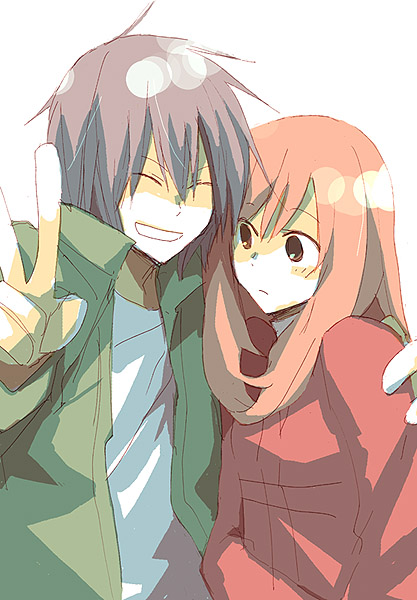 sakuta (tomohirou), tomohirou, morimi saki, takizawa akira, higashi no eden, bad id, bad pixiv id, 00s, 1boy, 1girl, black hair, closed eyes, coat, long sleeves, orange hair, simple background, smile, v, white background