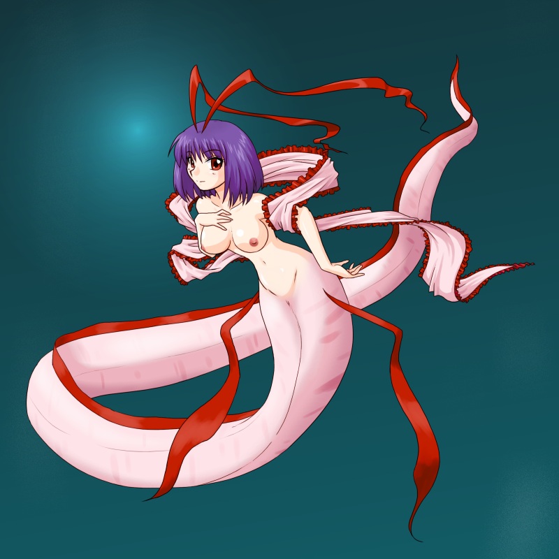 supon, nagae iku, touhou, 1girl, aqua background, breasts, completely nude, female focus, fish, hand on own chest, hand on own hip, large breasts, light smile, long tail, looking at viewer, mermaid, monster girl, nipples, nude, oarfish, purple hair, red eyes, ribbon, shawl, short hair, solo, tail