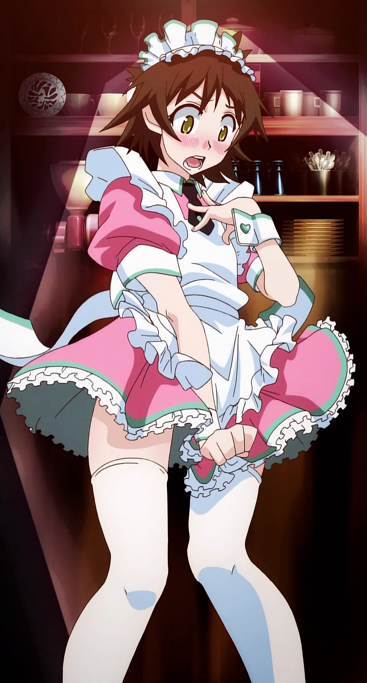 kamigamo jun, natsu no arashi!, anime screenshot, highres, stitched, third-party edit, 00s, 1girl, androgynous, apron, blush, brown hair, female focus, lingerie, maid, maid apron, maid headdress, petticoat, reverse trap, ribbon, short hair, solo, thighhighs, underwear, wrist cuffs